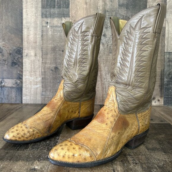 Tony Lama Vintage Pieced Ostrich Gold Label Western Cowboy Boots Mens 10 D - Picture 2 of 12